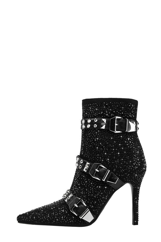 Diamante Rhinestone-Embellished Stud Buckle Point Toe Stiletto Heeled Ankle Boots