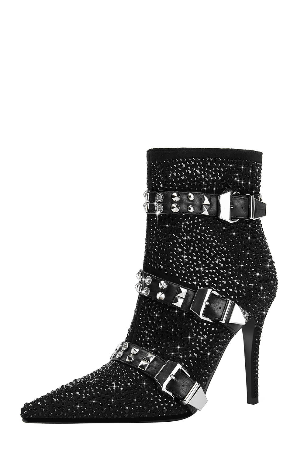 Diamante Rhinestone-Embellished Stud Buckle Point Toe Stiletto Heeled Ankle Boots