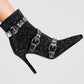 Diamante Rhinestone-Embellished Stud Buckle Point Toe Stiletto Heeled Ankle Boots