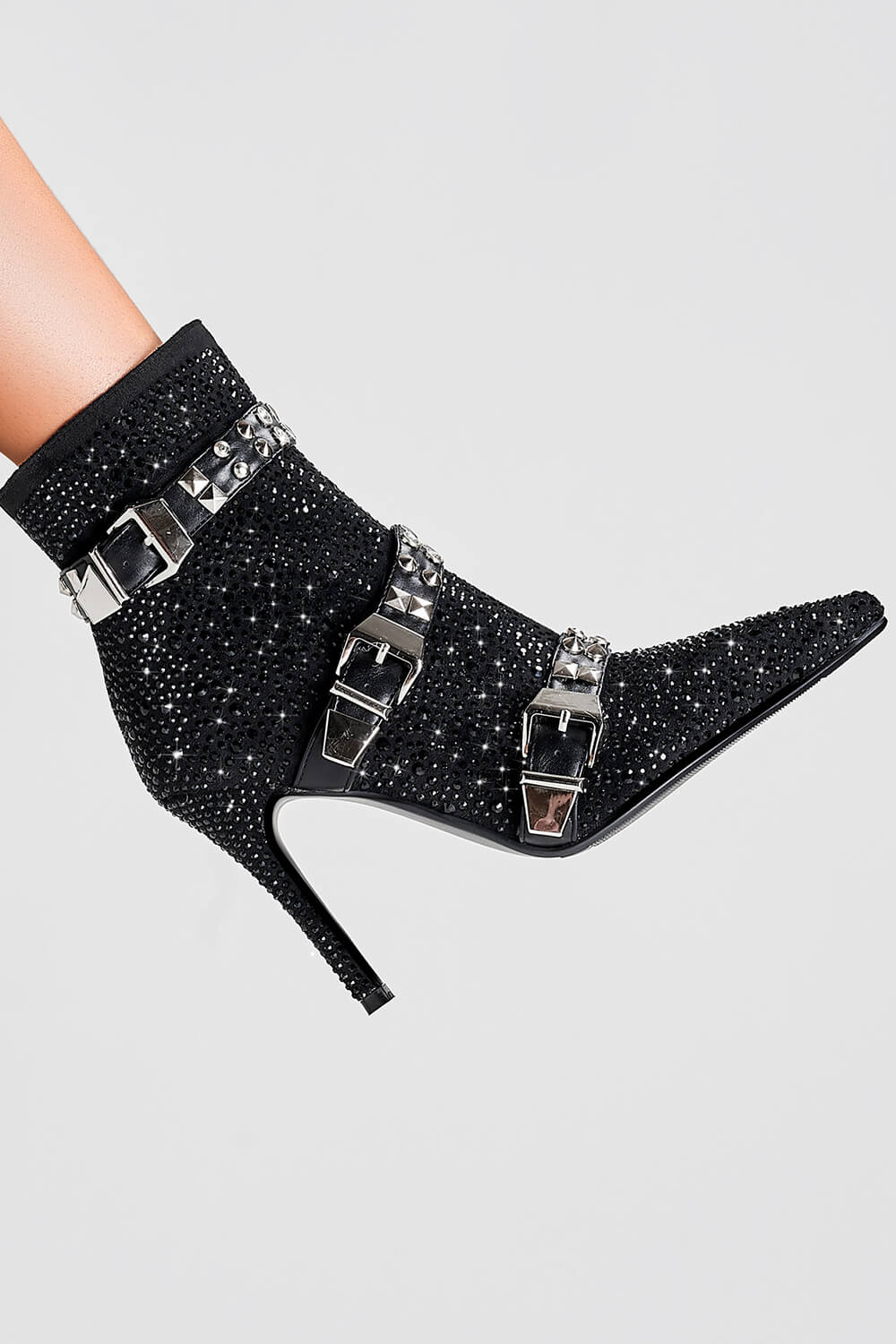 Diamante Rhinestone-Embellished Stud Buckle Point Toe Stiletto Heeled Ankle Boots