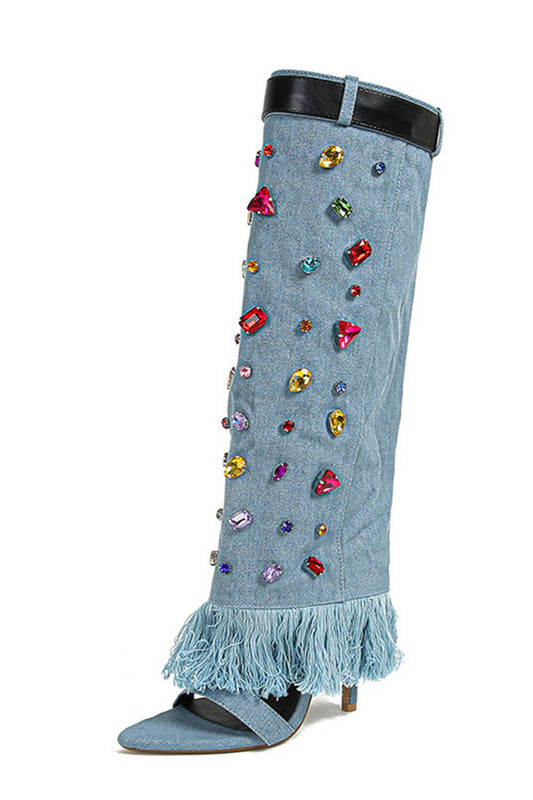 Denim Gem Embellished Fringe Folded Knee High Stiletto Boots