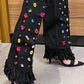 Denim Gem Embellished Fringe Folded Knee High Stiletto Boots - Black