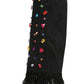 Denim Gem Embellished Fringe Folded Knee High Stiletto Boots - Black