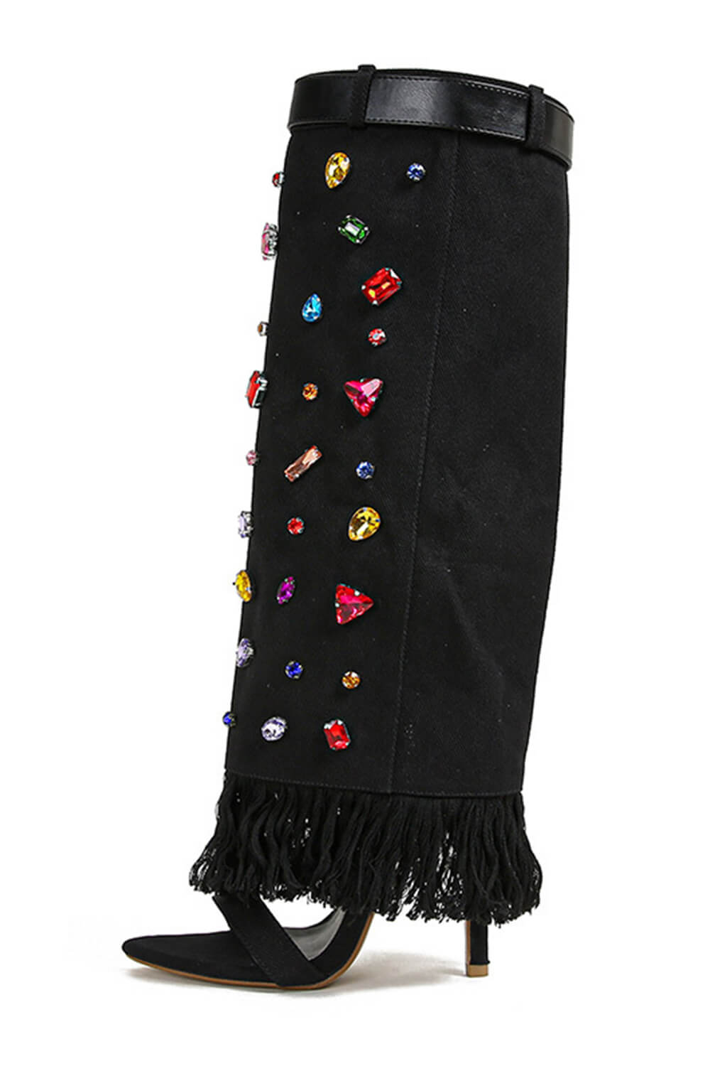 Denim Gem Embellished Fringe Folded Knee High Stiletto Boots - Black