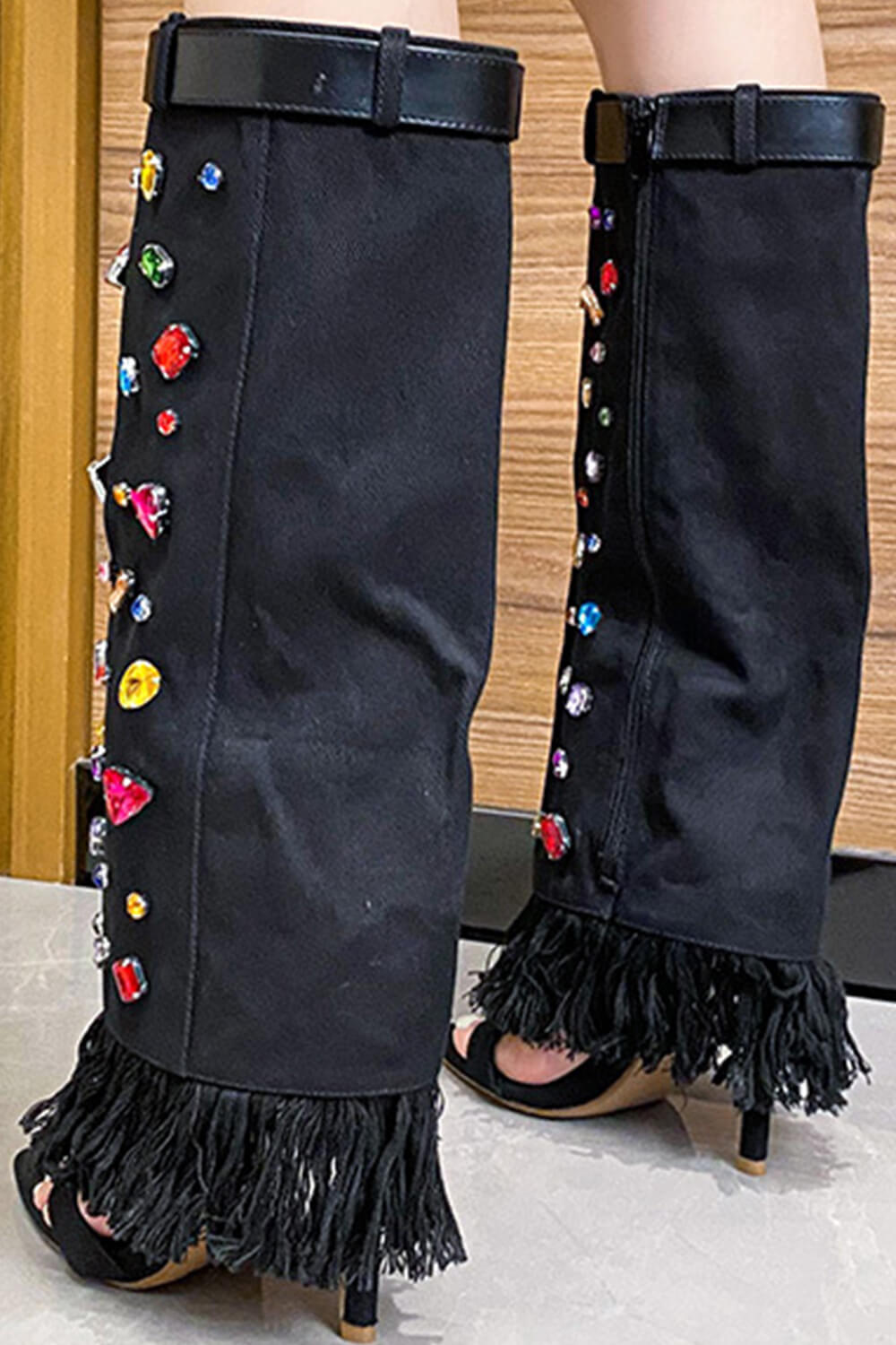 Denim Gem Embellished Fringe Folded Knee High Stiletto Boots - Black