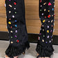 Denim Gem Embellished Fringe Folded Knee High Stiletto Boots - Black
