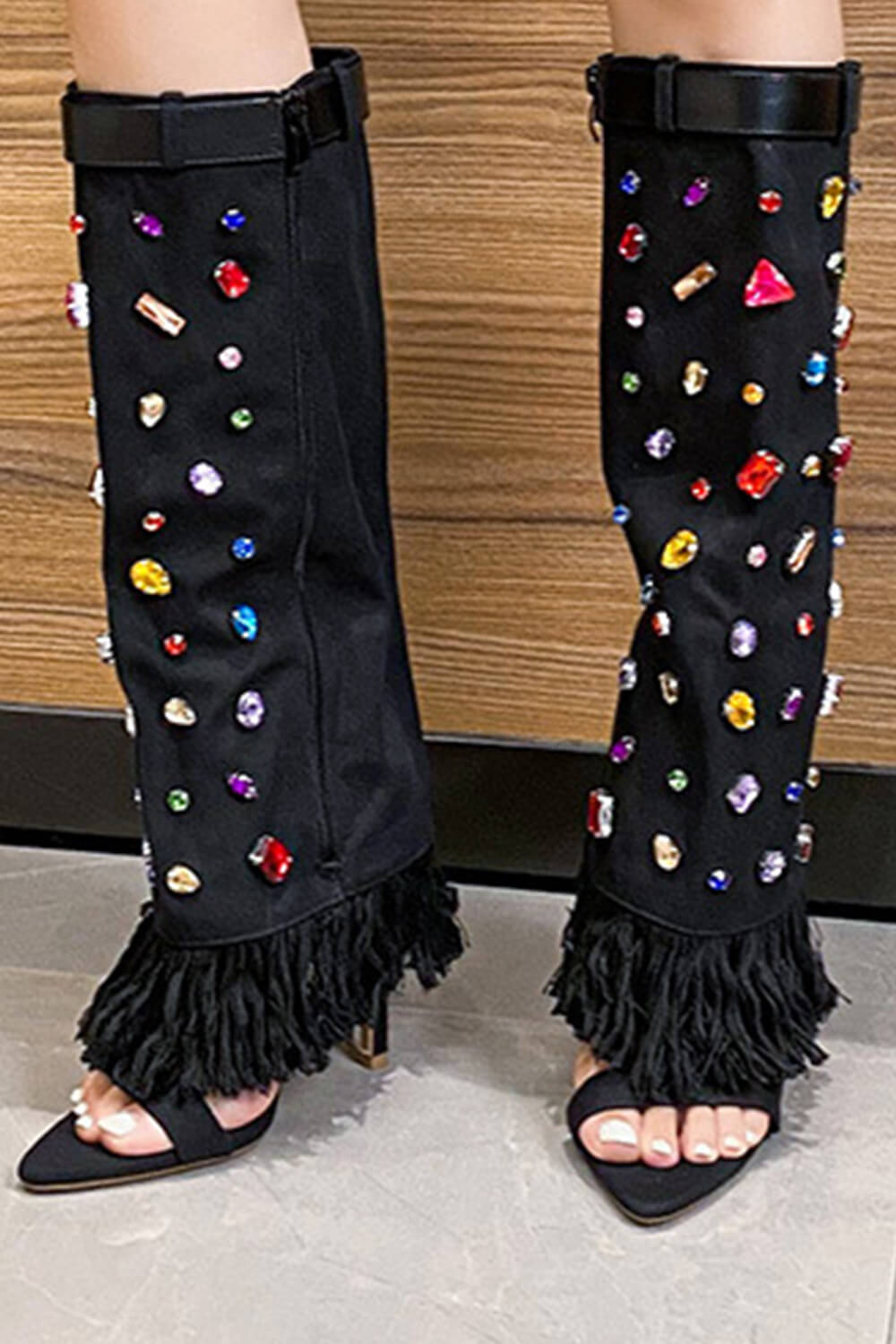 Denim Gem Embellished Fringe Folded Knee High Stiletto Boots - Black