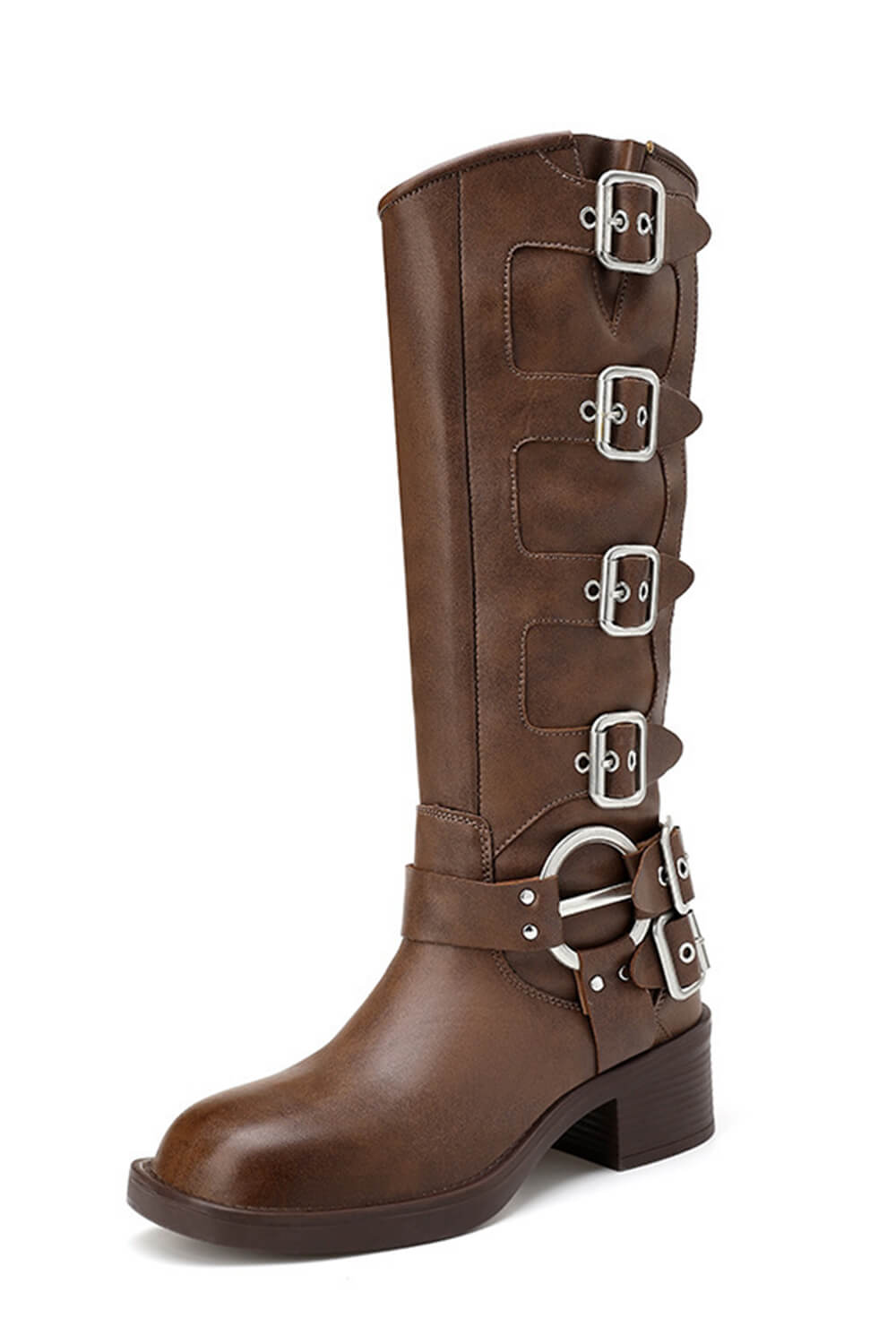 Buckle Strap Detail Mid-Calf Chunky Biker Boots - Brown
