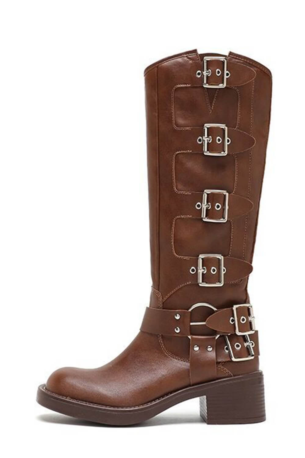 Buckle Strap Detail Mid-Calf Chunky Biker Boots - Brown
