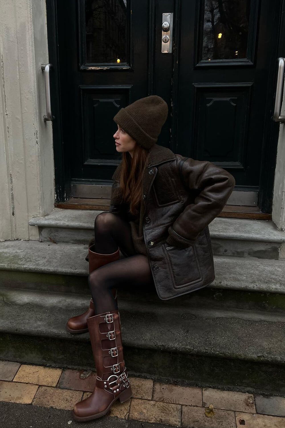 Buckle Strap Detail Mid-Calf Chunky Biker Boots - Brown