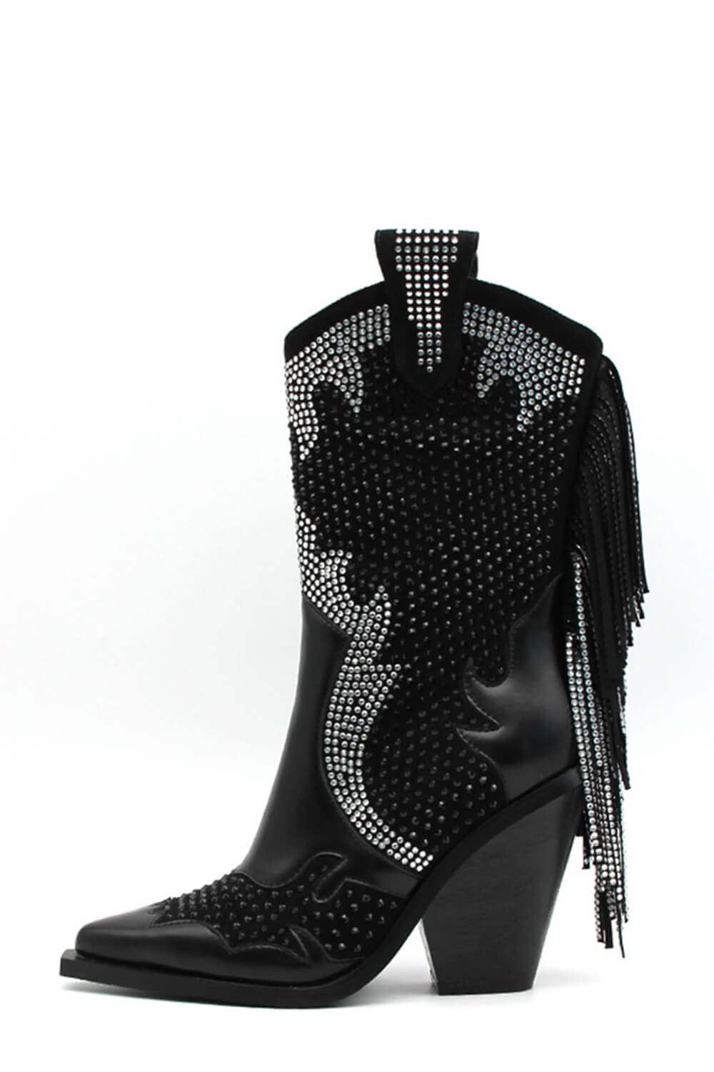 Rhinestone Beaded Embellished Fringe Block Heel Western Cowboy Boots