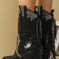 Rhinestone Beaded Embellished Fringe Block Heel Western Cowboy Boots