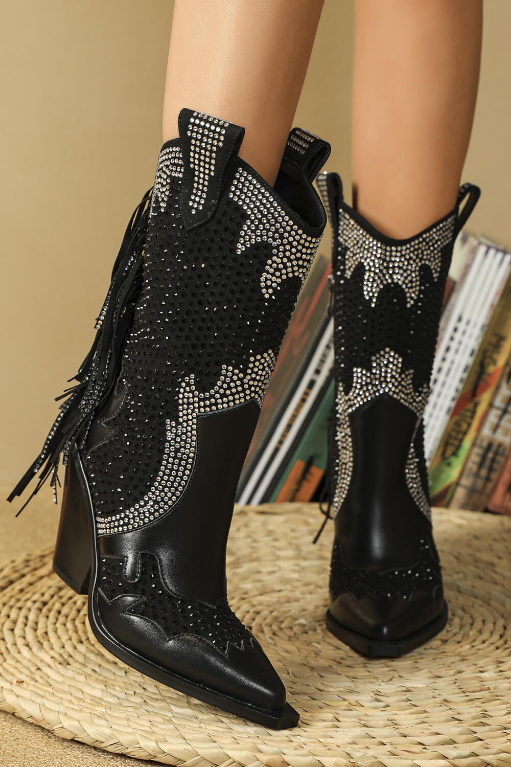 Rhinestone Beaded Embellished Fringe Block Heel Western Cowboy Boots