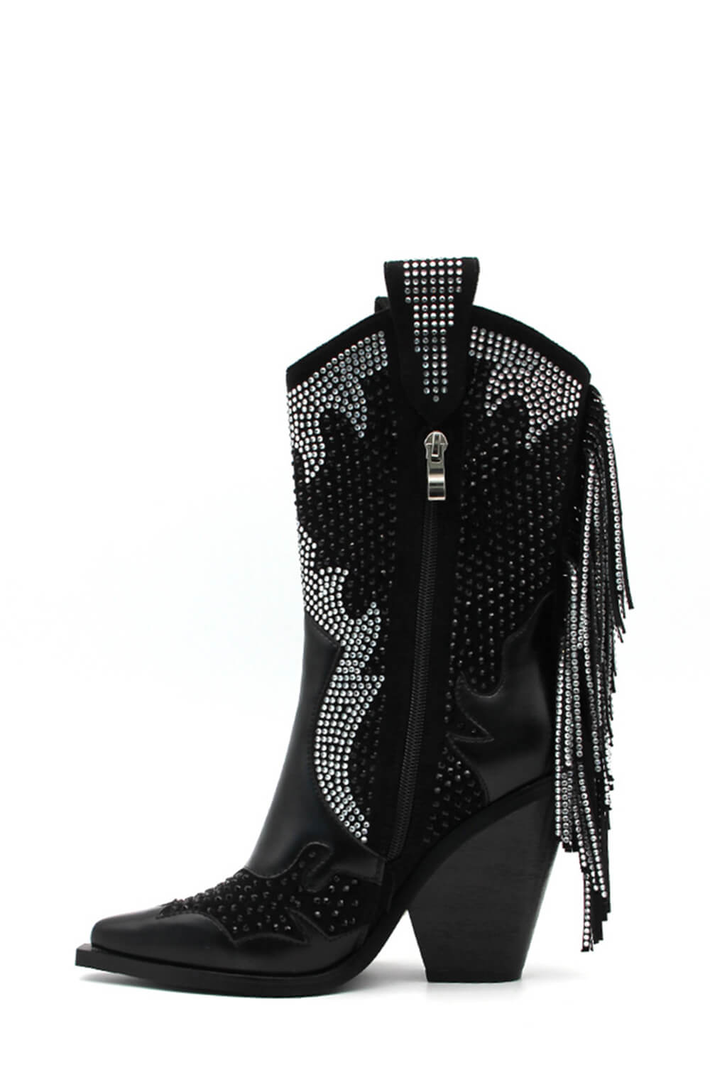 Rhinestone Beaded Embellished Fringe Block Heel Western Cowboy Boots