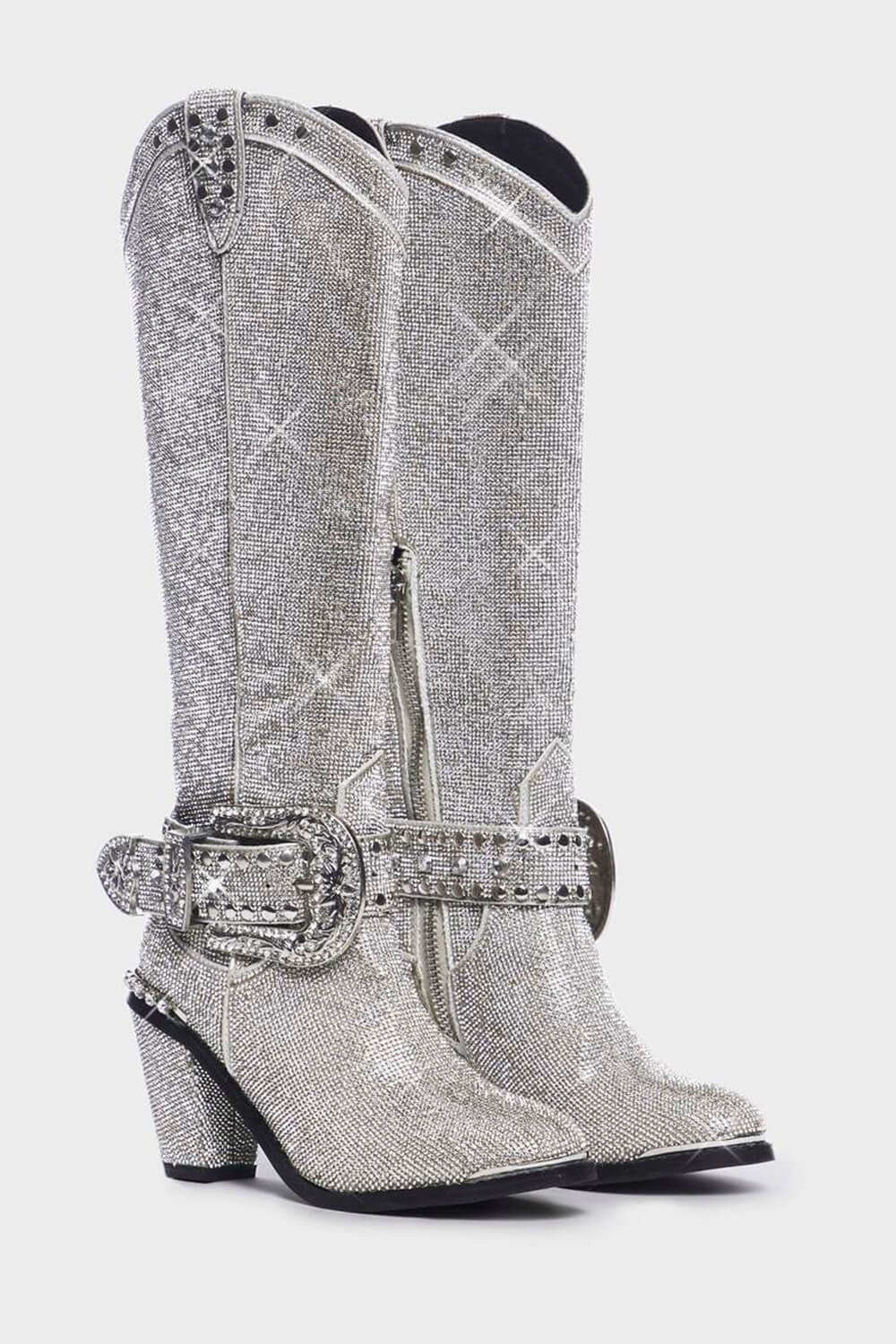 Shine Rhinestone Studded Knee High Block Heel Western Cowboy Boots