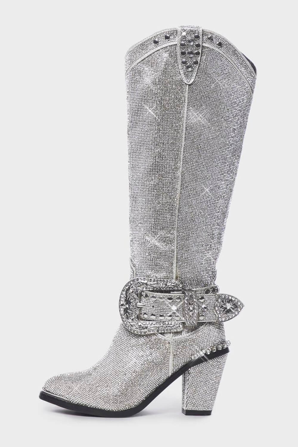 Shine Rhinestone Studded Knee High Block Heel Western Cowboy Boots