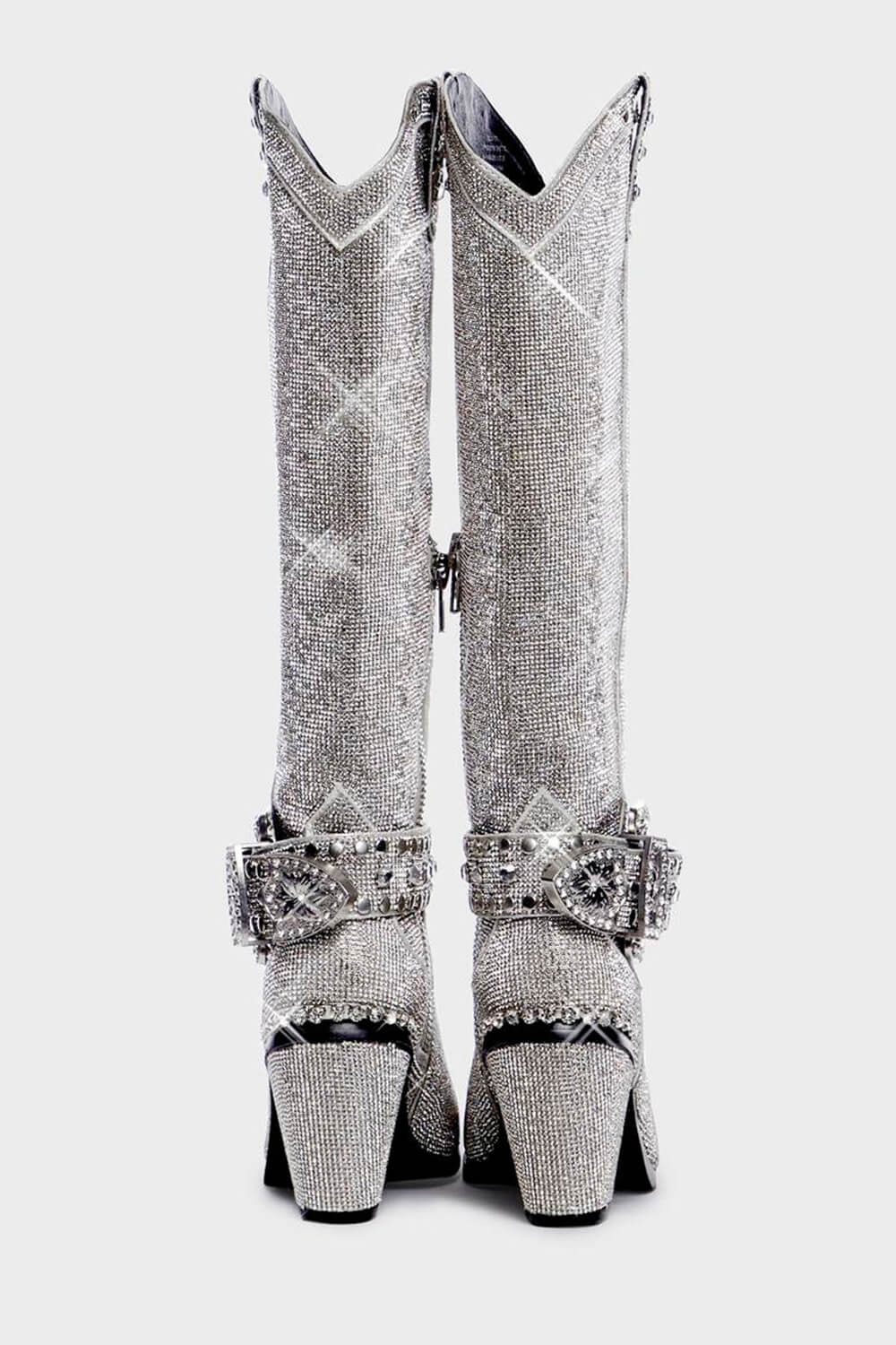 Shine Rhinestone Studded Knee High Block Heel Western Cowboy Boots