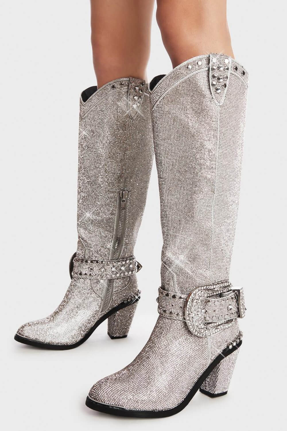 Shine Rhinestone Studded Knee High Block Heel Western Cowboy Boots