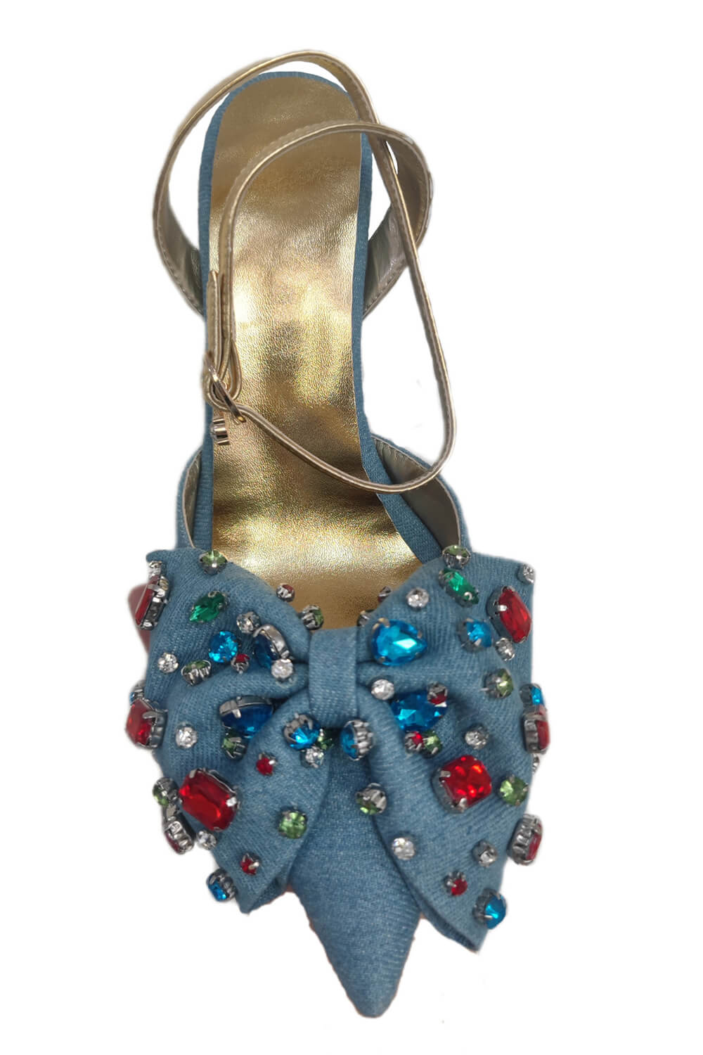 Colorful Rhinestone Gem-Embellished Bow Pump In Denim
