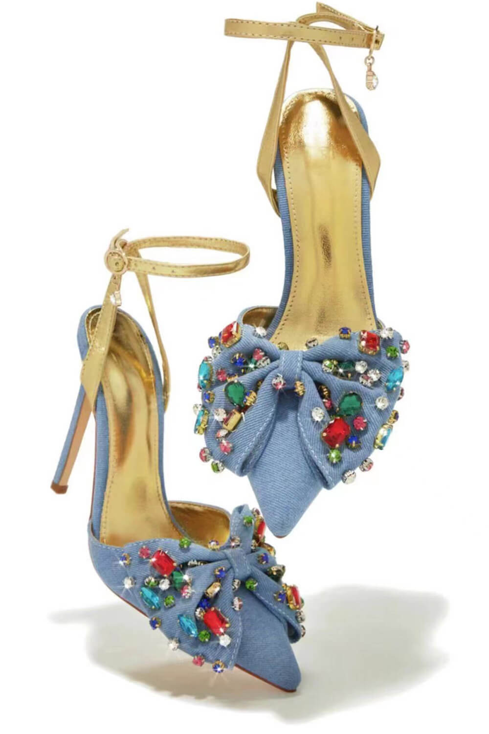 Colorful Rhinestone Gem-Embellished Bow Pump In Denim