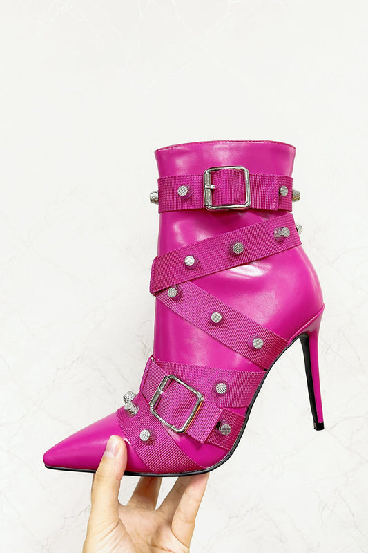 Pointed Toe Ankle Stiletto Boots With Studs And Pin Buckle Strap Details - Hot Pink