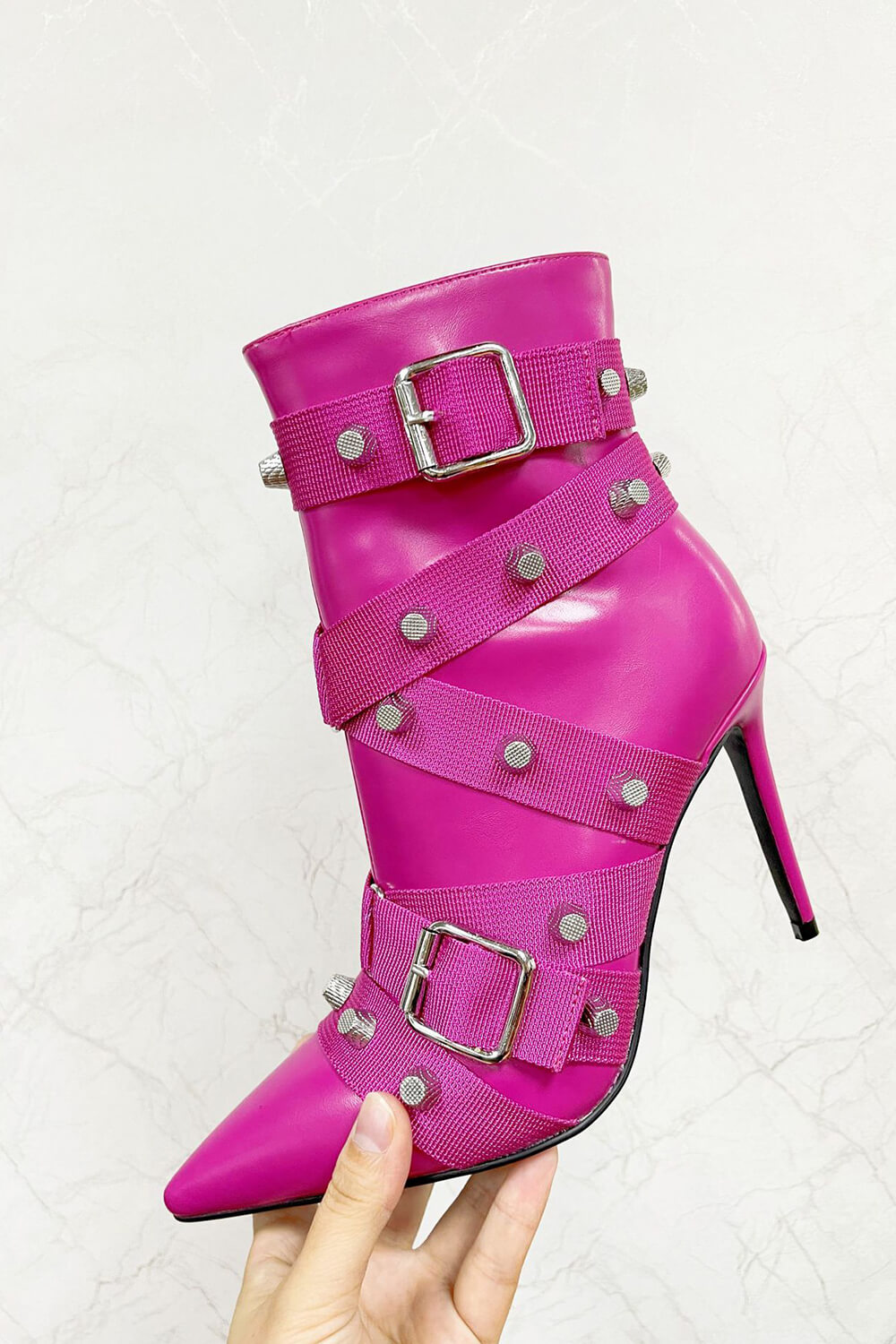Pointed Toe Ankle Stiletto Boots With Studs And Pin Buckle Strap Details - Hot Pink