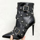 Pointed Toe Ankle Stiletto Boots With Studs And Pin Buckle Strap Details - Black