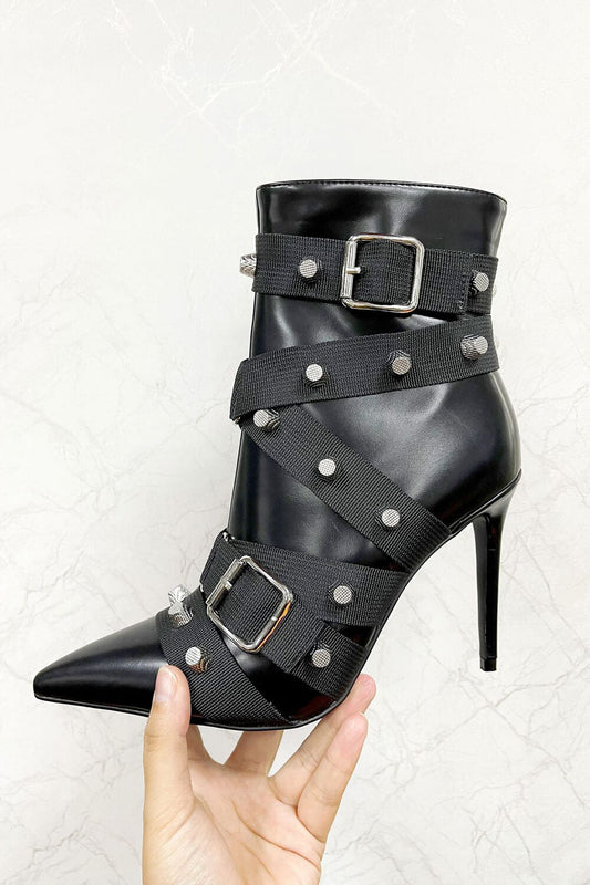 Pointed Toe Ankle Stiletto Boots With Studs And Pin Buckle Strap Details - Black