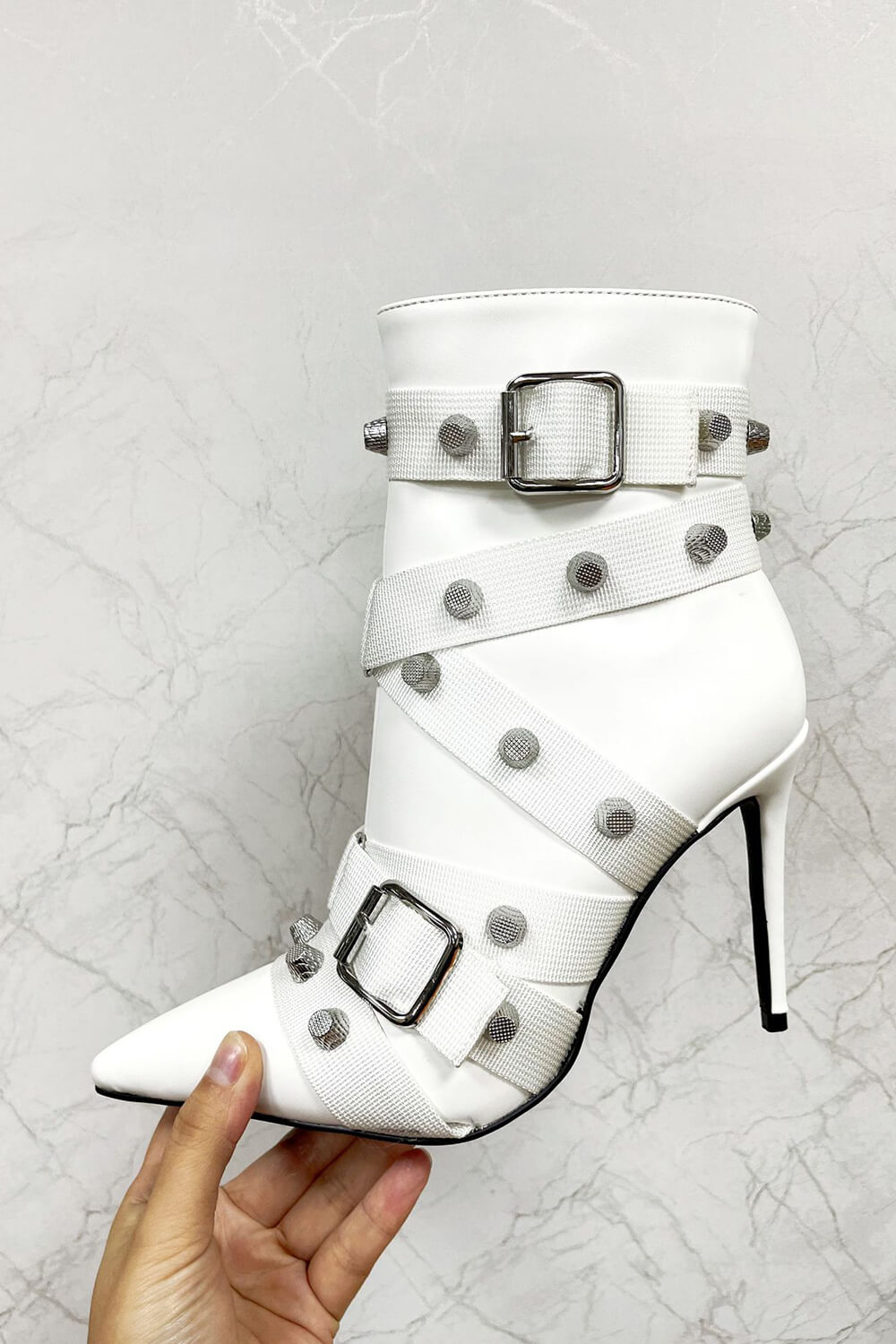 Pointed Toe Ankle Stiletto Boots With Studs And Pin Buckle Strap Details - White