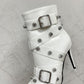 Pointed Toe Ankle Stiletto Boots With Studs And Pin Buckle Strap Details - White