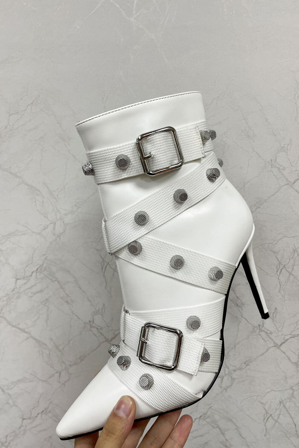 Pointed Toe Ankle Stiletto Boots With Studs And Pin Buckle Strap Details - White