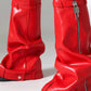 Patent Wrapped Padlock Zip Detail Folded Knee High Wedge Chunky Biker Boots - Red