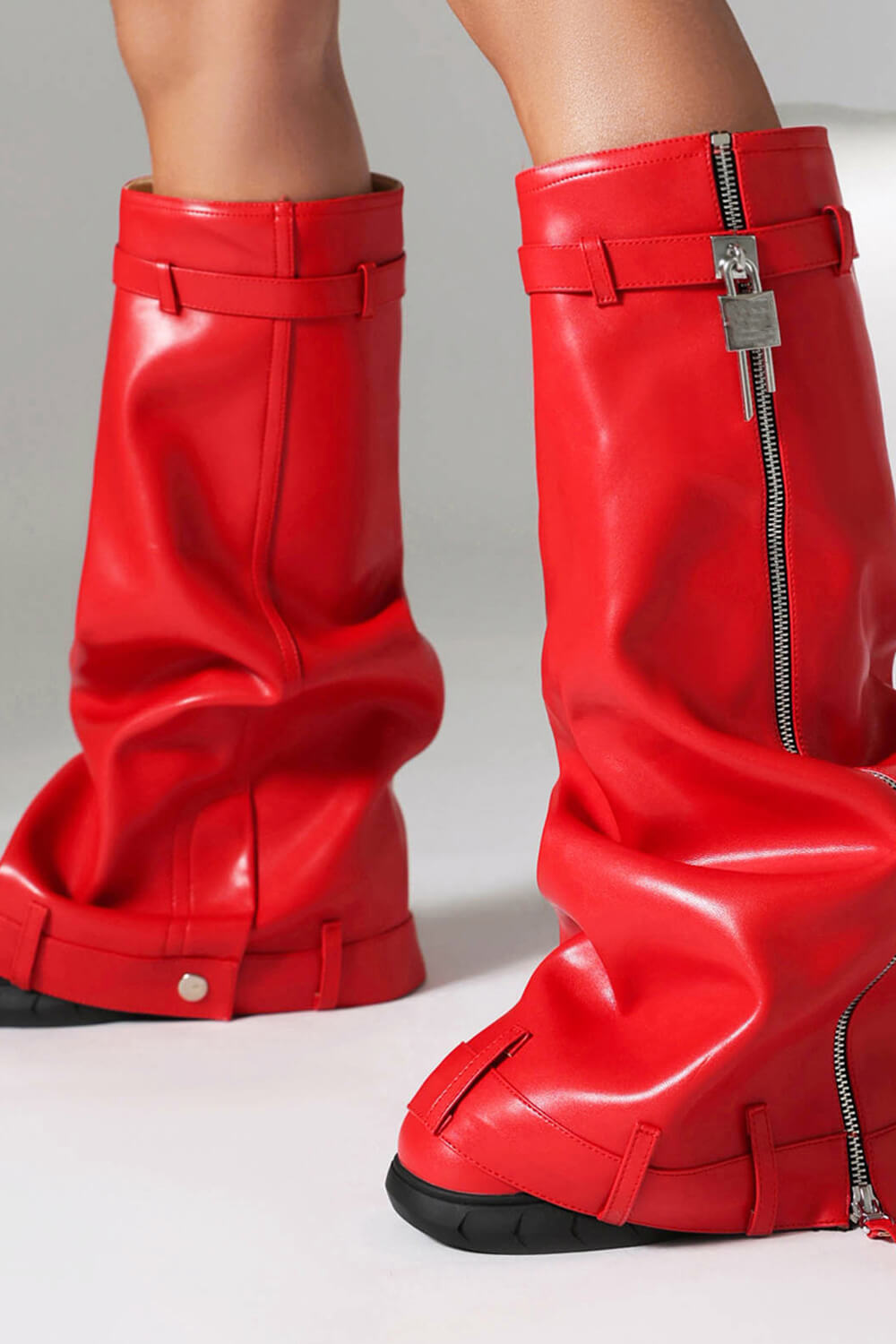 Patent Wrapped Padlock Zip Detail Folded Knee High Wedge Chunky Biker Boots - Red