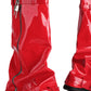 Patent Wrapped Padlock Zip Detail Folded Knee High Wedge Chunky Biker Boots - Red