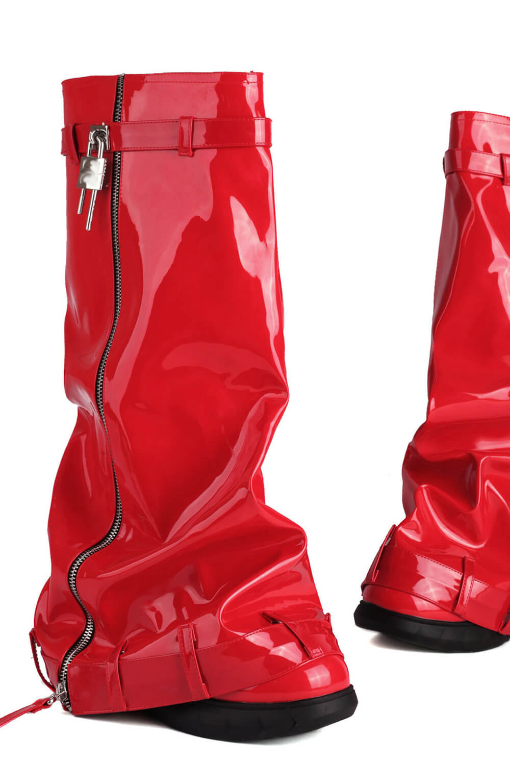 Patent Wrapped Padlock Zip Detail Folded Knee High Wedge Chunky Biker Boots - Red