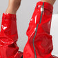Patent Wrapped Padlock Zip Detail Folded Knee High Wedge Chunky Biker Boots - Red