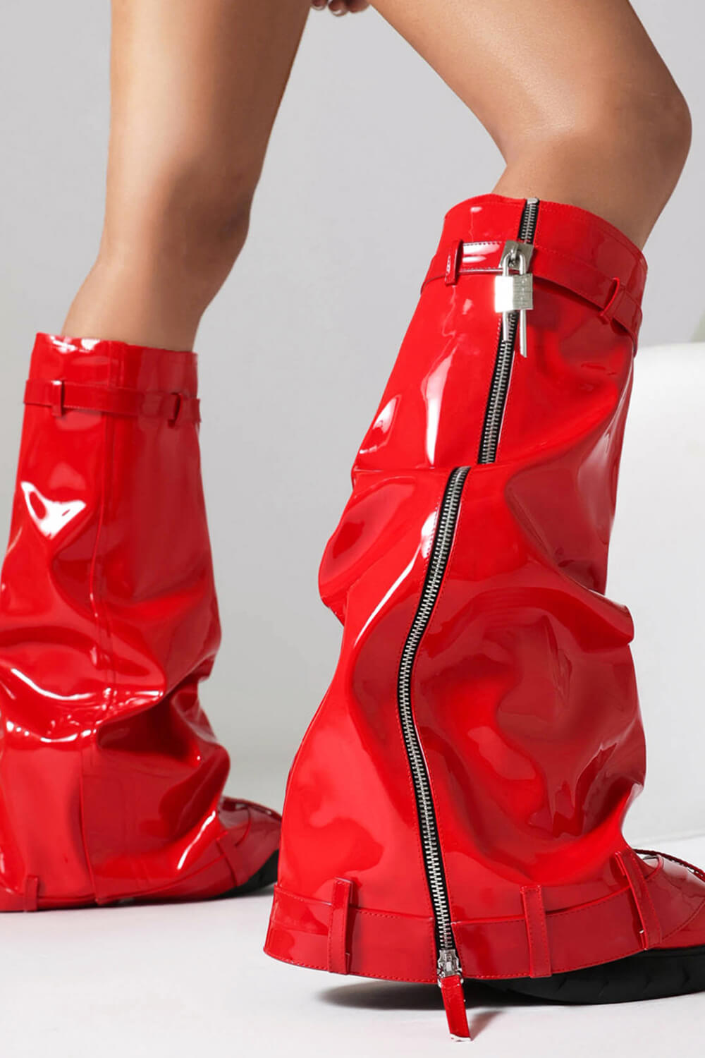 Patent Wrapped Padlock Zip Detail Folded Knee High Wedge Chunky Biker Boots - Red