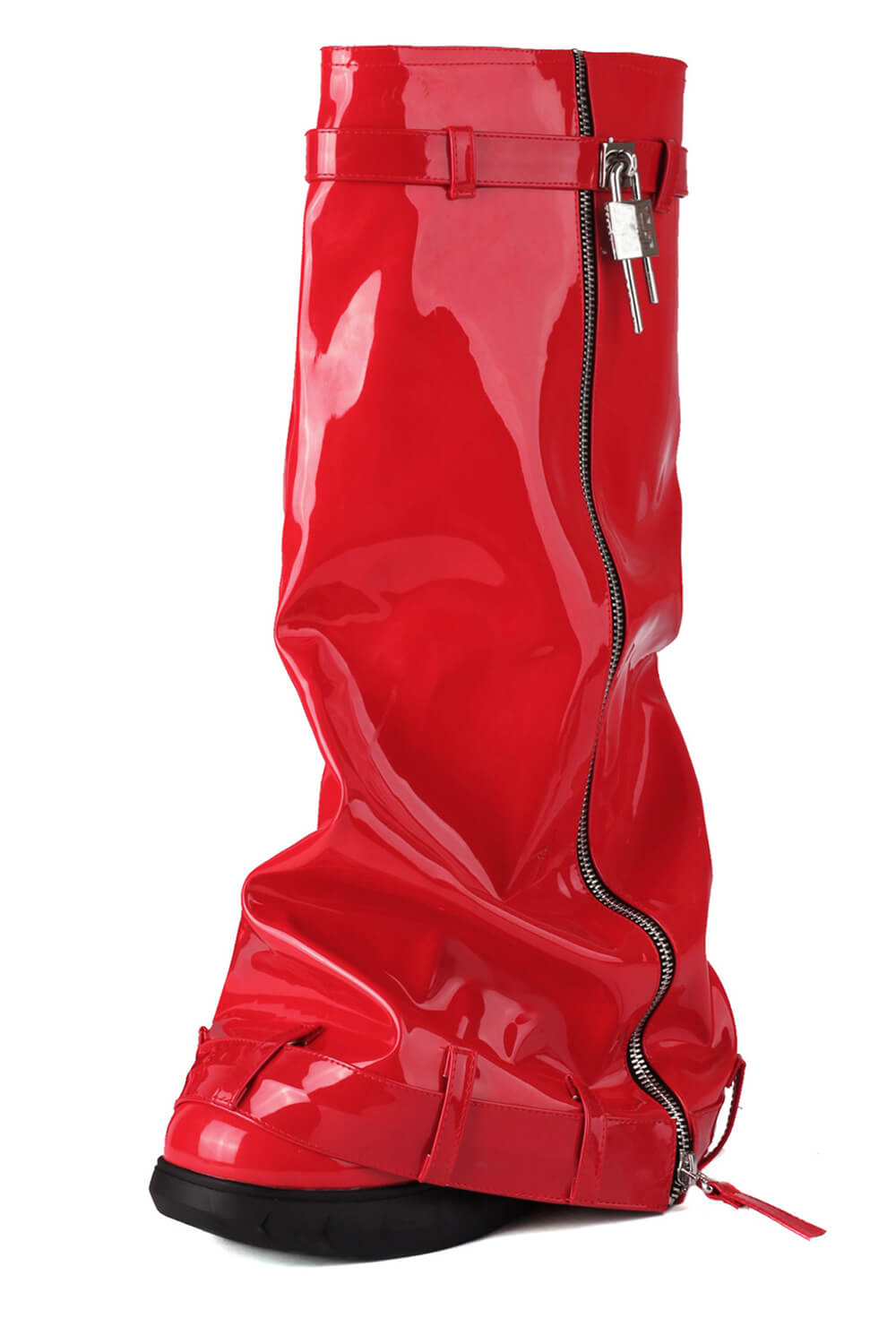 Patent Wrapped Padlock Zip Detail Folded Knee High Wedge Chunky Biker Boots - Red