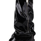 Patent Wrapped Padlock Zip Detail Folded Knee High Wedge Chunky Biker Boots - Black