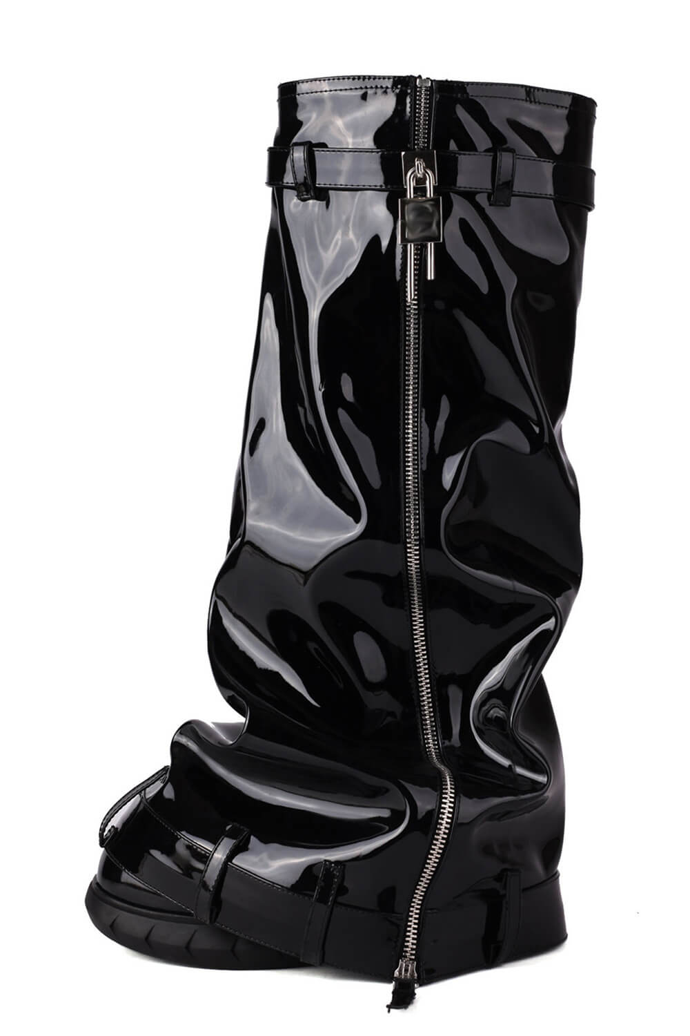 Patent Wrapped Padlock Zip Detail Folded Knee High Wedge Chunky Biker Boots - Black