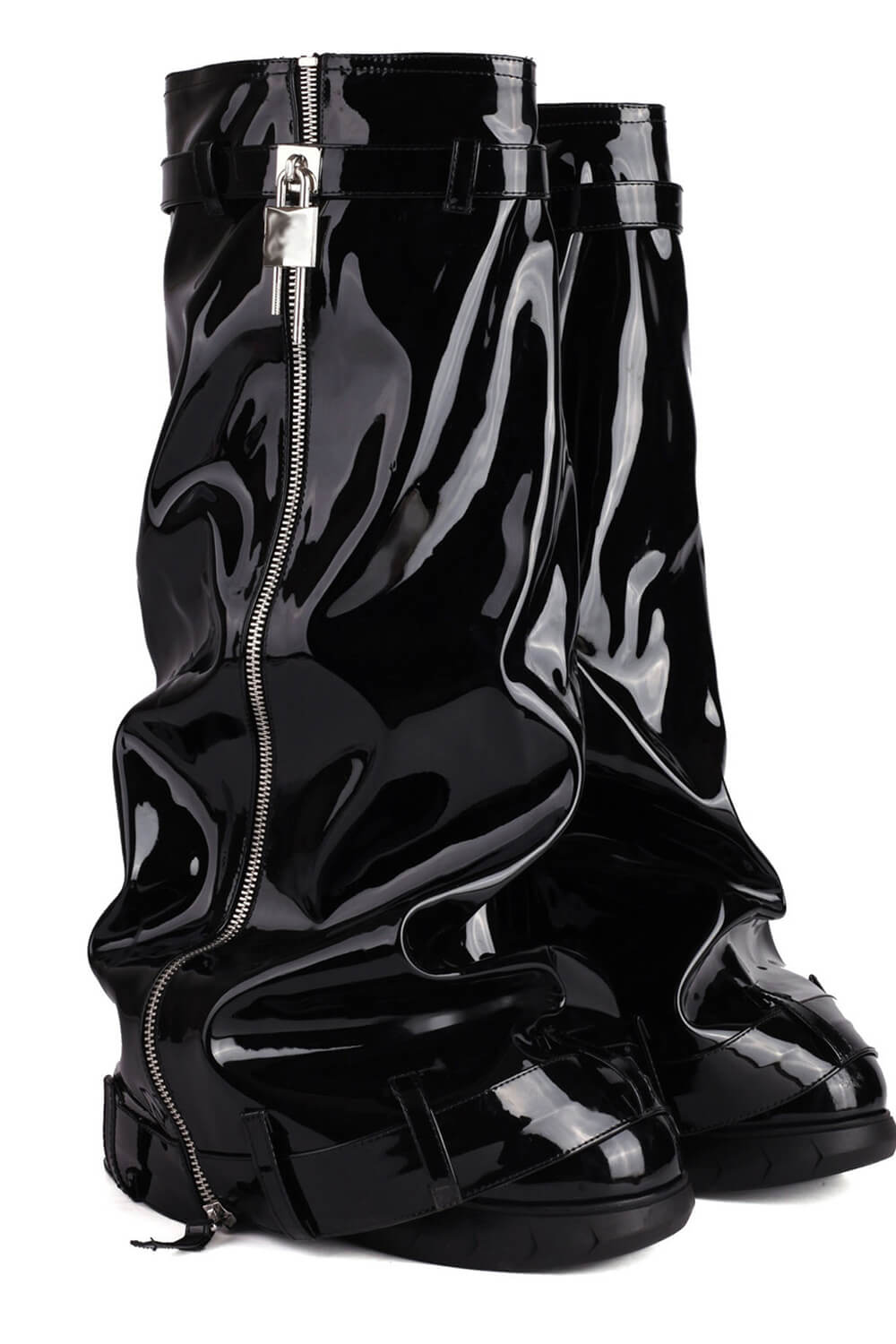 Patent Wrapped Padlock Zip Detail Folded Knee High Wedge Chunky Biker Boots - Black