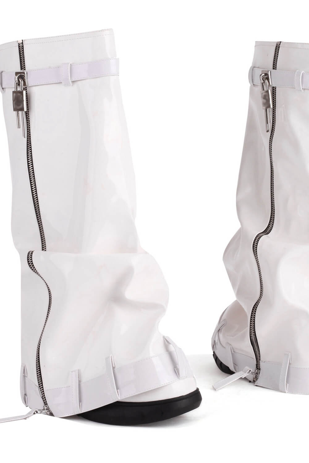 Patent Wrapped Padlock Zip Detail Folded Knee High Wedge Chunky Biker Boots - White