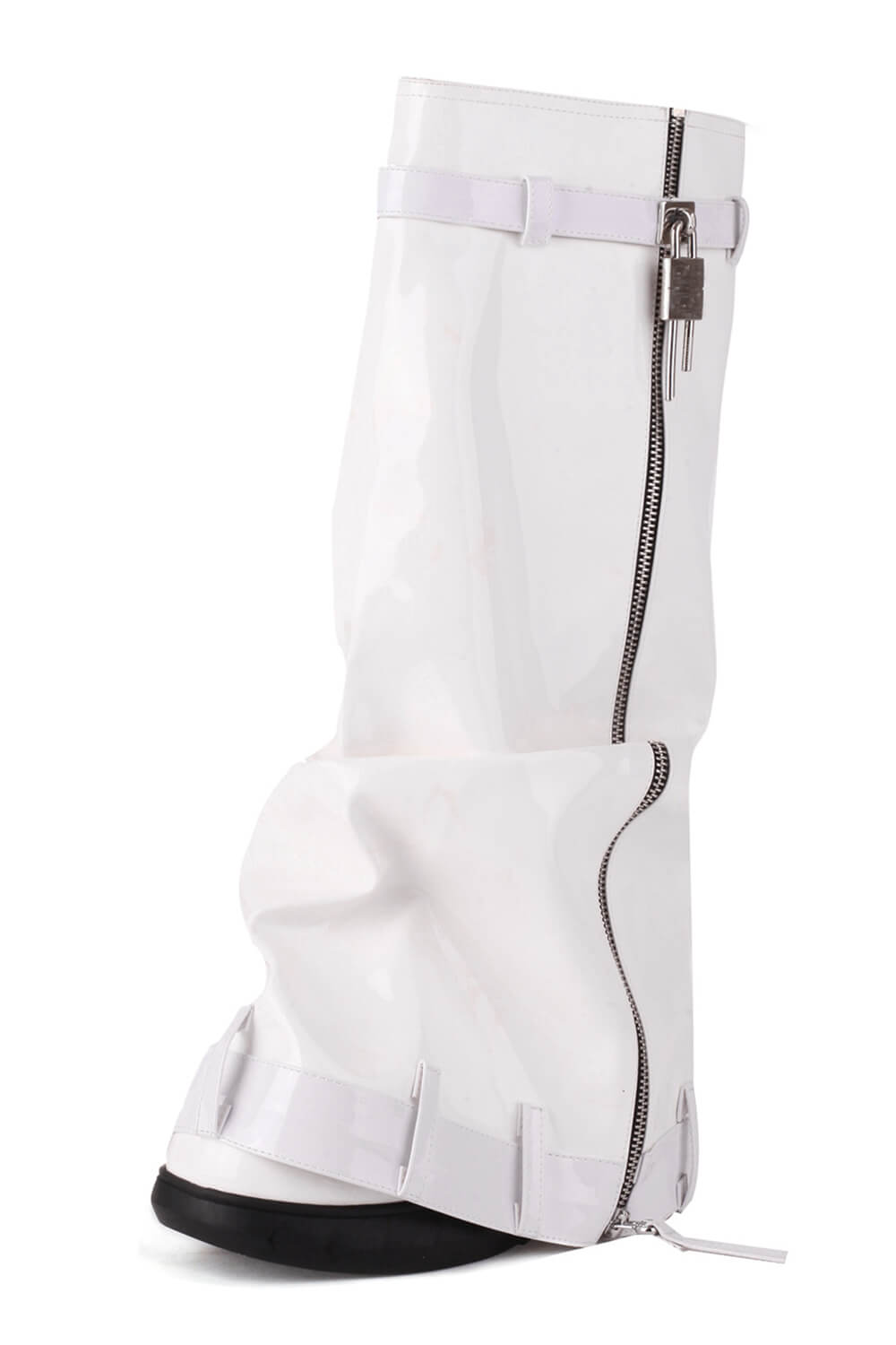 Patent Wrapped Padlock Zip Detail Folded Knee High Wedge Chunky Biker Boots - White