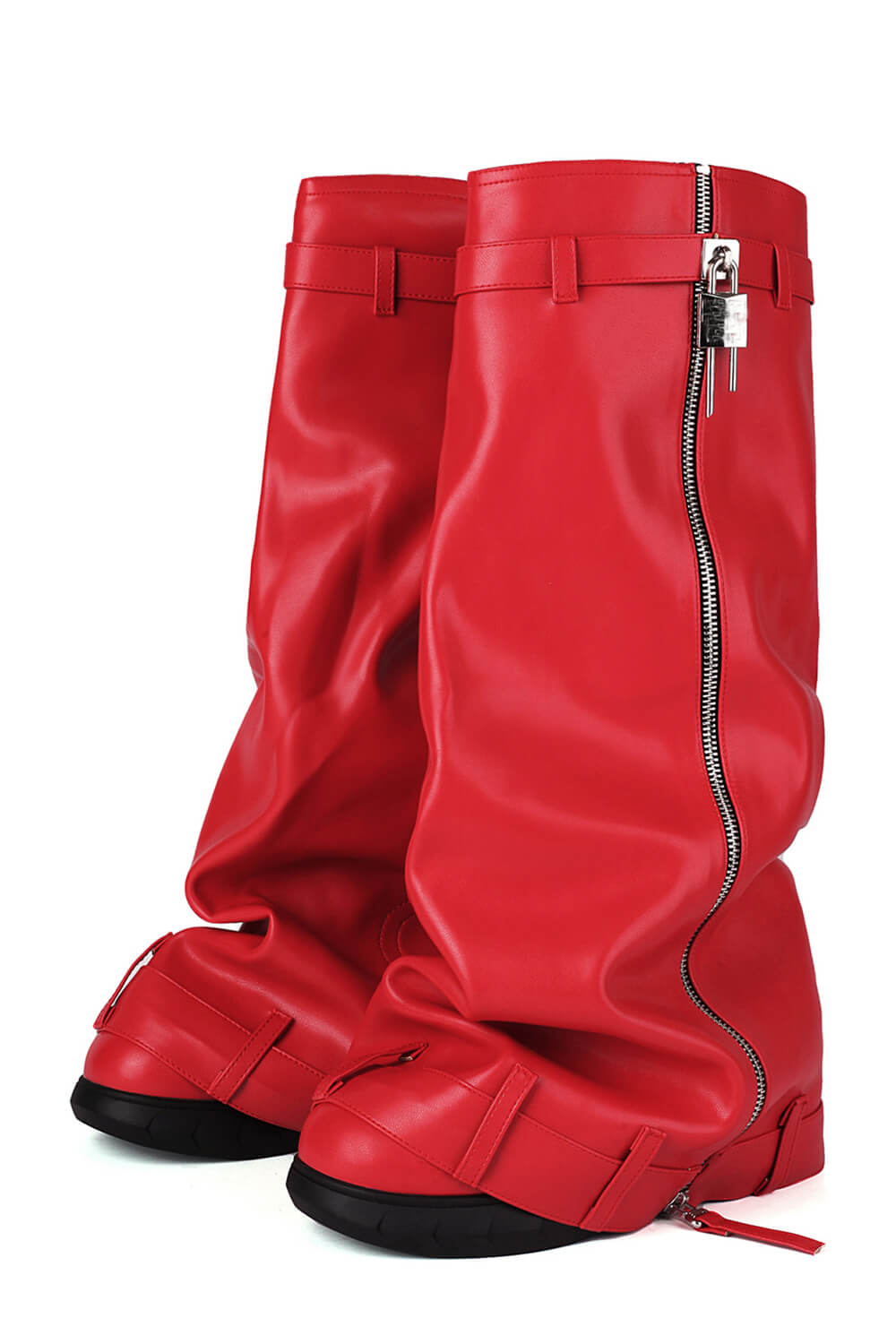 Wrapped Padlock Zip Detail Folded Knee High Wedge Chunky Biker Boots - Red