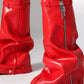 Wrapped Padlock Zip Detail Folded Knee High Wedge Chunky Biker Boots - Red