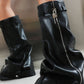 Wrapped Padlock Zip Detail Folded Knee High Wedge Chunky Biker Boots - Black