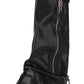 Wrapped Padlock Zip Detail Folded Knee High Wedge Chunky Biker Boots - Black