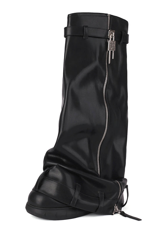 Wrapped Padlock Zip Detail Folded Knee High Wedge Chunky Biker Boots - Black