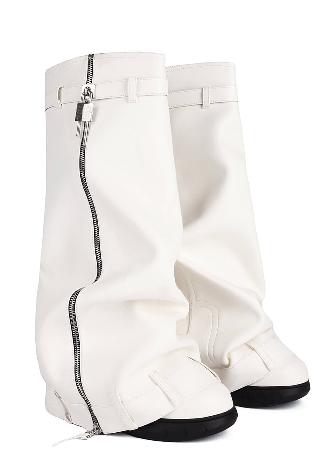 Wrapped Padlock Zip Detail Folded Knee High Wedge Chunky Biker Boots - White