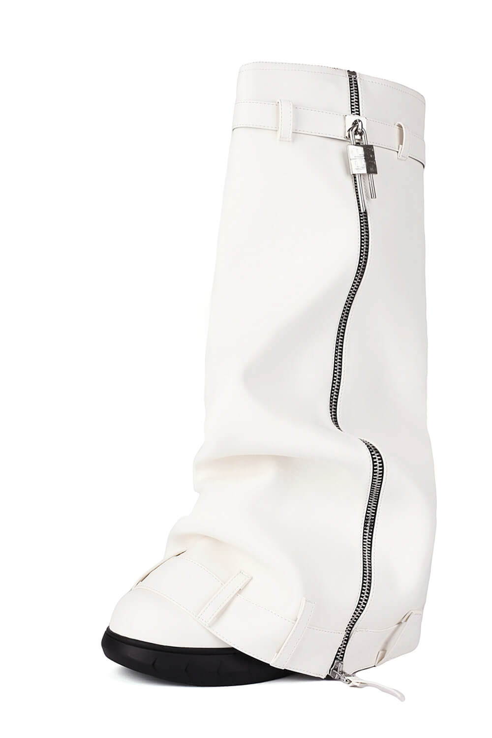 Wrapped Padlock Zip Detail Folded Knee High Wedge Chunky Biker Boots - White